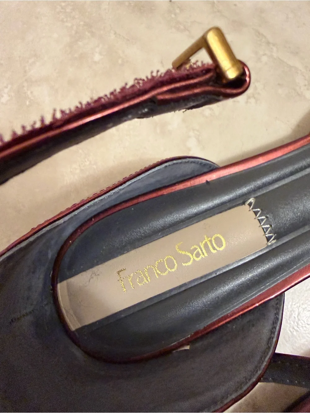 Franco Sarto Metallic Burgundy Pointed Ankle-Strap Heels
